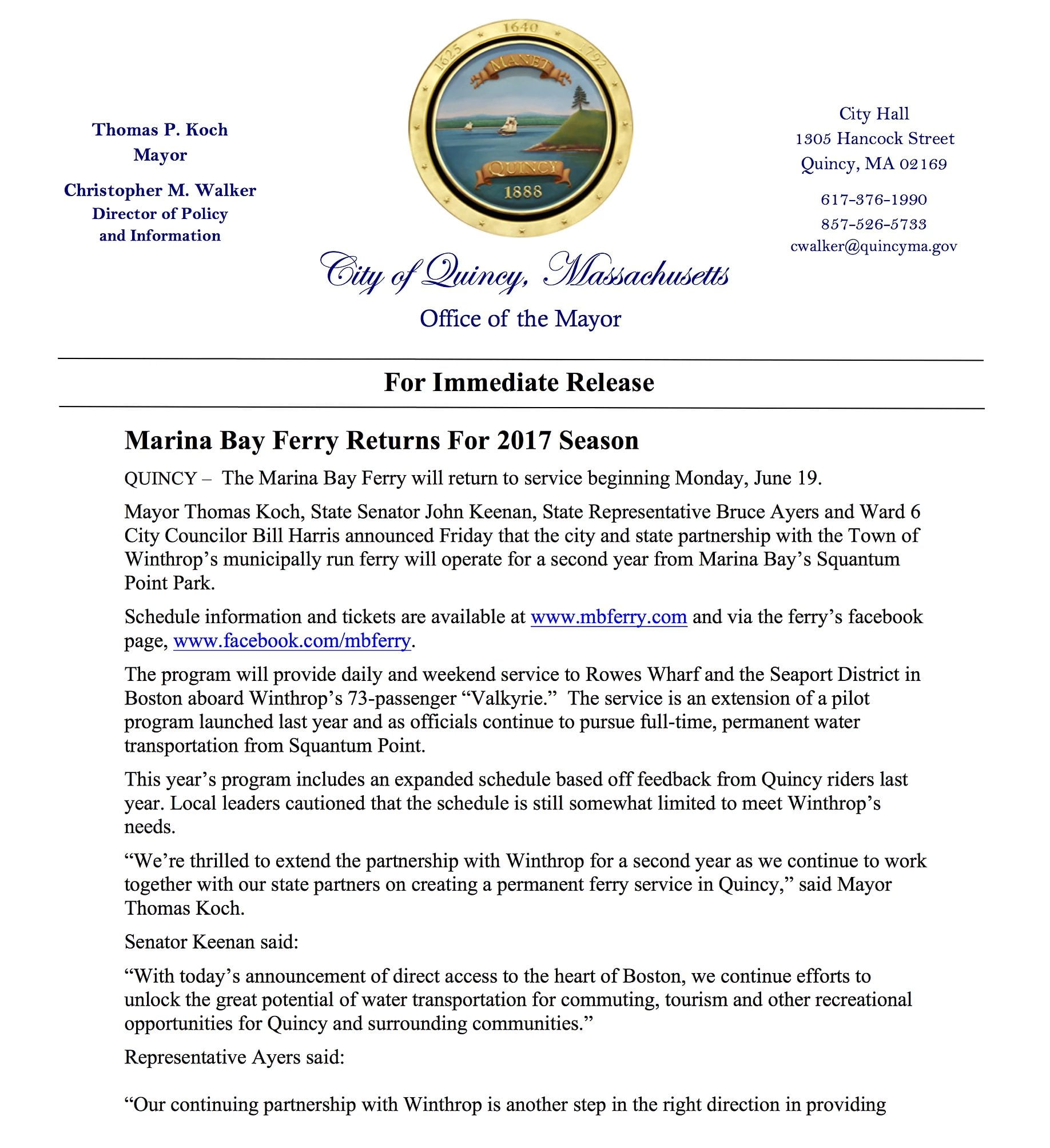 press release from the city of quincy